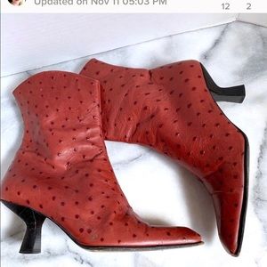 On Beverly Blvd Cinnabar Ostrich Kitten Heel Boots